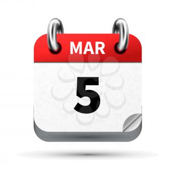 Bright realistic icon of calendar with 5 march date on white