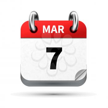 Bright realistic icon of calendar with 7 march date on white