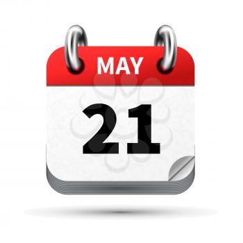 Bright realistic icon of calendar with 21 may date on white