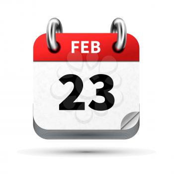 Bright realistic icon of calendar with 23 february date on white