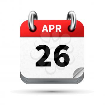 Bright realistic icon of calendar with 26 april date on white