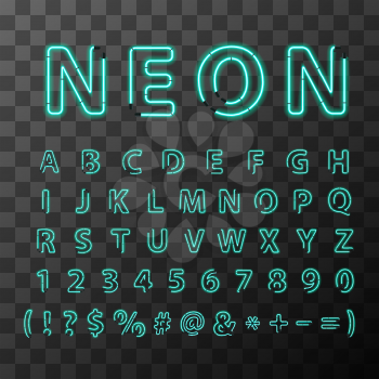 Bright realistic neon letters, full latin alphabet on transparent background