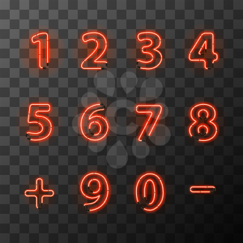 Bright red neon letters. Neon numbers on transparent background