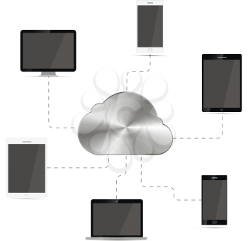 Desktop PC, laptop, tablets and smartphones connected to metal cloud icon isolated on white