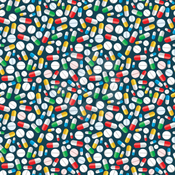 Different colourful pills on dark background, seamless pattern