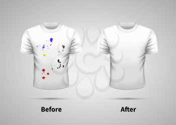 Dirty and clean white t-shirt, washing efficiency concept illustration