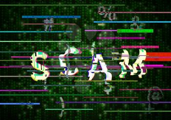 Glitch SCAM word on green matrix symbols, digital fraud concept illustration