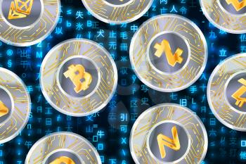 Glossy coins with microchip pattern and most popular cryptocurrency signs like Bitcoin, Ethereum, Namecoin, Dash and Zcash on blue matrix binary code, cryptocurrency concept illustration
