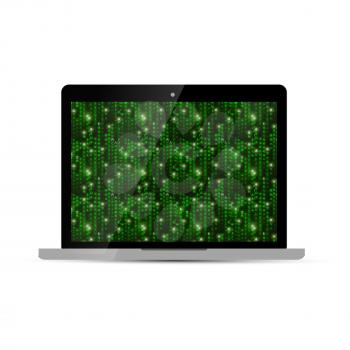 Glossy laptop with green matrix screen, isolated on white
