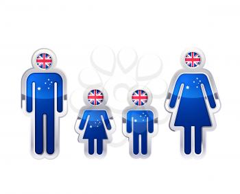 Glossy metal badge icon in man, woman and childrens shapes with Australian flag, infographic element isolated on white