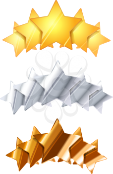 Golden, silver and bronze five glossy rating stars isolated on white
