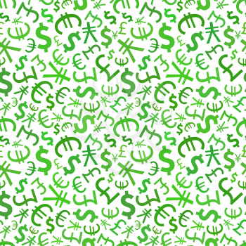 Green signs of world currencies on white background seamless pattern