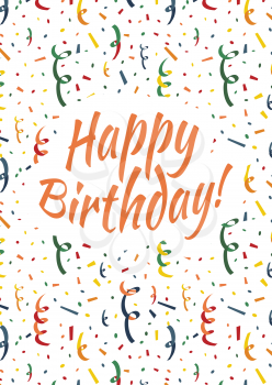 Happy birthday card cover with exploding party popper, colorful serpentine and confetti on background