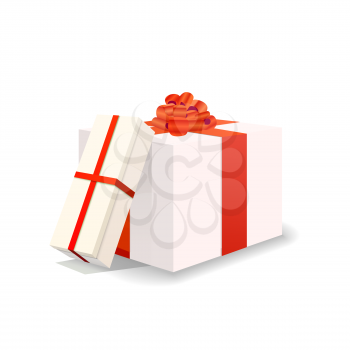 Two bright white gift boxes with red tapes and bows isolated on white