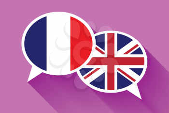 Two white speech bubbles with France and Great britain flags. English language conceptual illustration