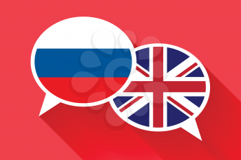 Two white speech bubbles with Russia and Great britain flags. English language conceptual illustration