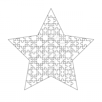 White puzzles pieces arranged in a star shape. Jigsaw Puzzle template ready for print. Cutting guidelines on white