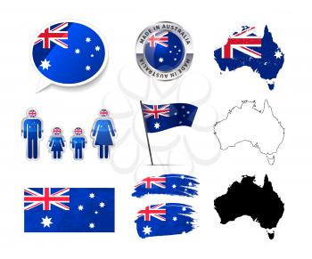 Large set of Australia infographics elements with flags, maps and badges isolated on white