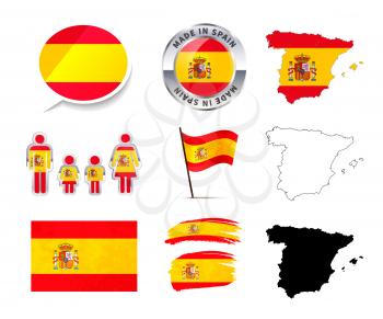 Large set of Spain infographics elements with flags, maps and badges isolated on white