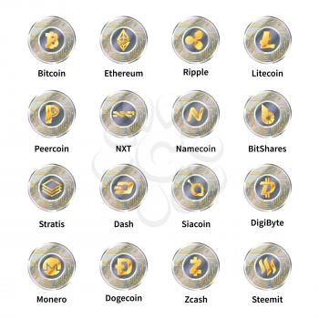 Largest set of coins with microchip pattern and most popylar cryptocurrency signs like- Bitcoin, Ethereum, Ripple, Litecoin, Peercoin, NXT, Namecoin, Dash, Siacoin, DigiByte, Monero, Dogecoin and Zcash