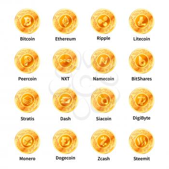Largest set of golden coins with microchip pattern and most popylar cryptocurrency signs like- Bitcoin, Ethereum, Ripple, Litecoin, Peercoin, NXT, Namecoin, BitShares, Stratis, Dash, Dogecoin and Zcash on white