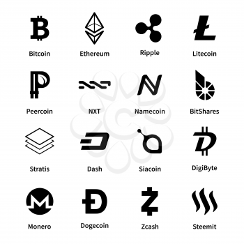 Largest set of most popular cryptocurrency signs like- Bitcoin, Ethereum, Ripple, Litecoin, Peercoin, NXT, Namecoin, BitShares, Stratis, Dash, Siacoin, DigiByte, Monero, Dogecoin and Zcash