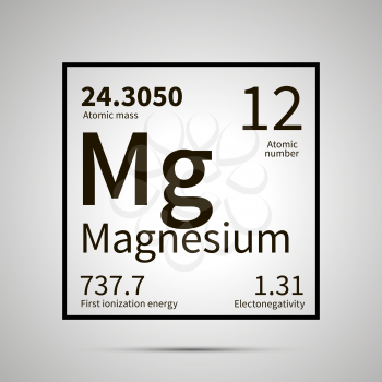 Magnesium chemical element with first ionization energy, atomic mass and electronegativity values ,simple black icon with shadow on gray