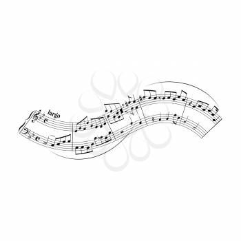Musical notes on stave in wave shape, design element isolated on white