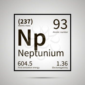 Neptunium chemical element with first ionization energy, atomic mass and electronegativity values ,simple black icon with shadow on gray