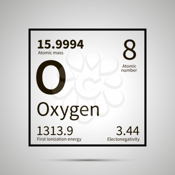 Oxygen chemical element with first ionization energy, atomic mass and electronegativity values ,simple black icon with shadow on gray