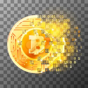 Process of creation of bright golden coin with microchip pattern and Bitcoin sign on transparent background. Cryptocurrency mining concept illustration