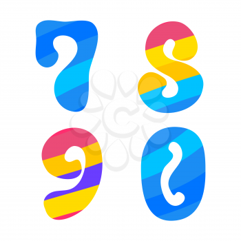 Psychedelic font with colorful pattern. Vintage hippie 7 8 9 0 letters on white background