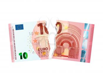 Realistic dummy of ten euro banknote torn into two pieces on white