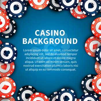 Red and blue casino chips with cards signs on casino table, background with text template