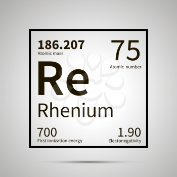 Rhenium chemical element with first ionization energy, atomic mass and electronegativity values ,simple black icon with shadow on gray