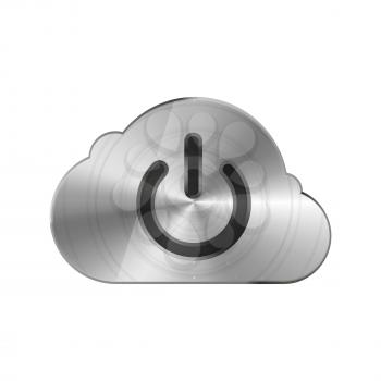 Round polished bright glossy metal cloud icon with power pictogram isolated on white