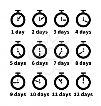 Set of clock faces with different days values, simple black timers icons isolated on white