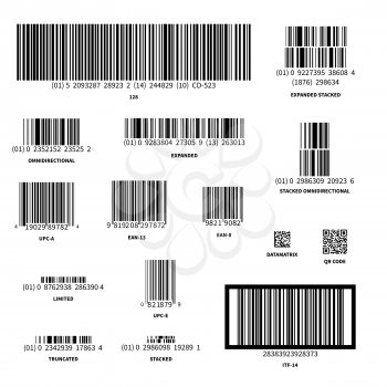 Set of different types of barcodes on white