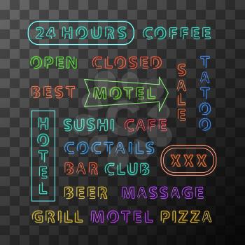Set of different neon sign boards for night city on transparent background