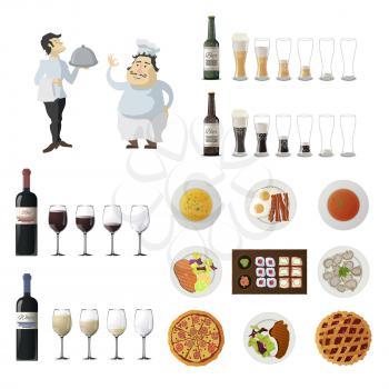 Set of elements for cafe and restaurant menu: Characters of cook and waiter. Bottles with dark and light beer. Glasses with light and dark beer of varying degrees of fullness. nine dishes from different world kitchens icons. Bottles with red and white wine. Glasses with red and white wine of varying degrees of fullness.