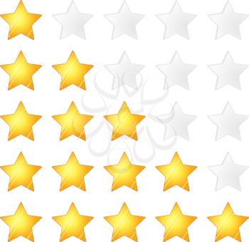 Set of five golden stars rating template, isolated on white