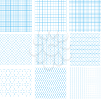 Set of nine cyan geometric grids, seamless patterns isolated on white. Millimetric, isometric, hexagonal and circles.