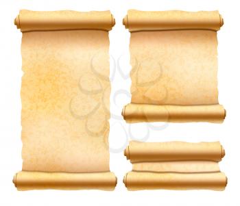 Set of old textured papyrus scrolls different shapes isolated on white