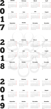 Set of simple calendars in english on 2017, 2018, 2019 years isolated on white