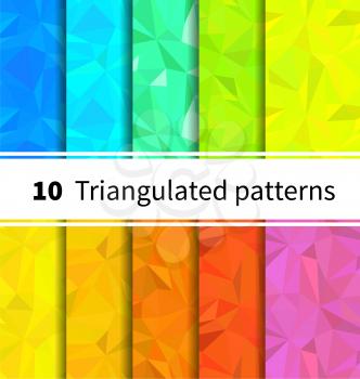 Set of ten triangulated seamless patterns in rainbow colors