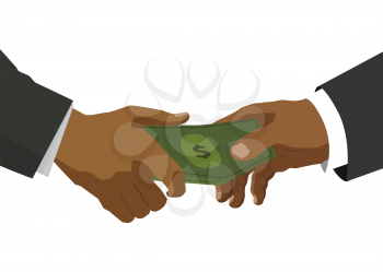 Two black hands pass the money, flat illustration for business and finance concept on white
