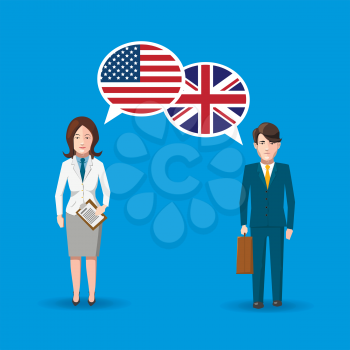 Two people with white speech bubbles with American and Great britain flags. English language conceptual illustration