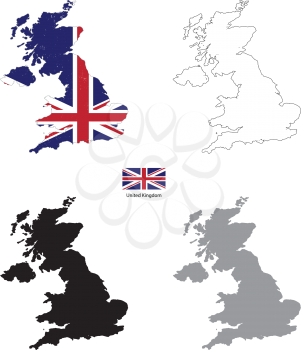 United Kingdom country black silhouette and with flag on background, isolated on white