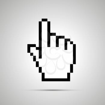 White pixelated computer cursor in hand shape, simple icon with shadow