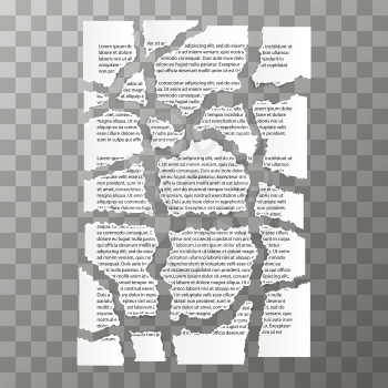 White torn paper pieces of text document on transparent background